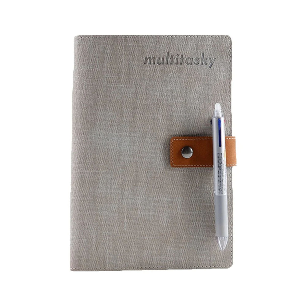 B5 everything notebook, gray fabric cover with brown pen holder and pen