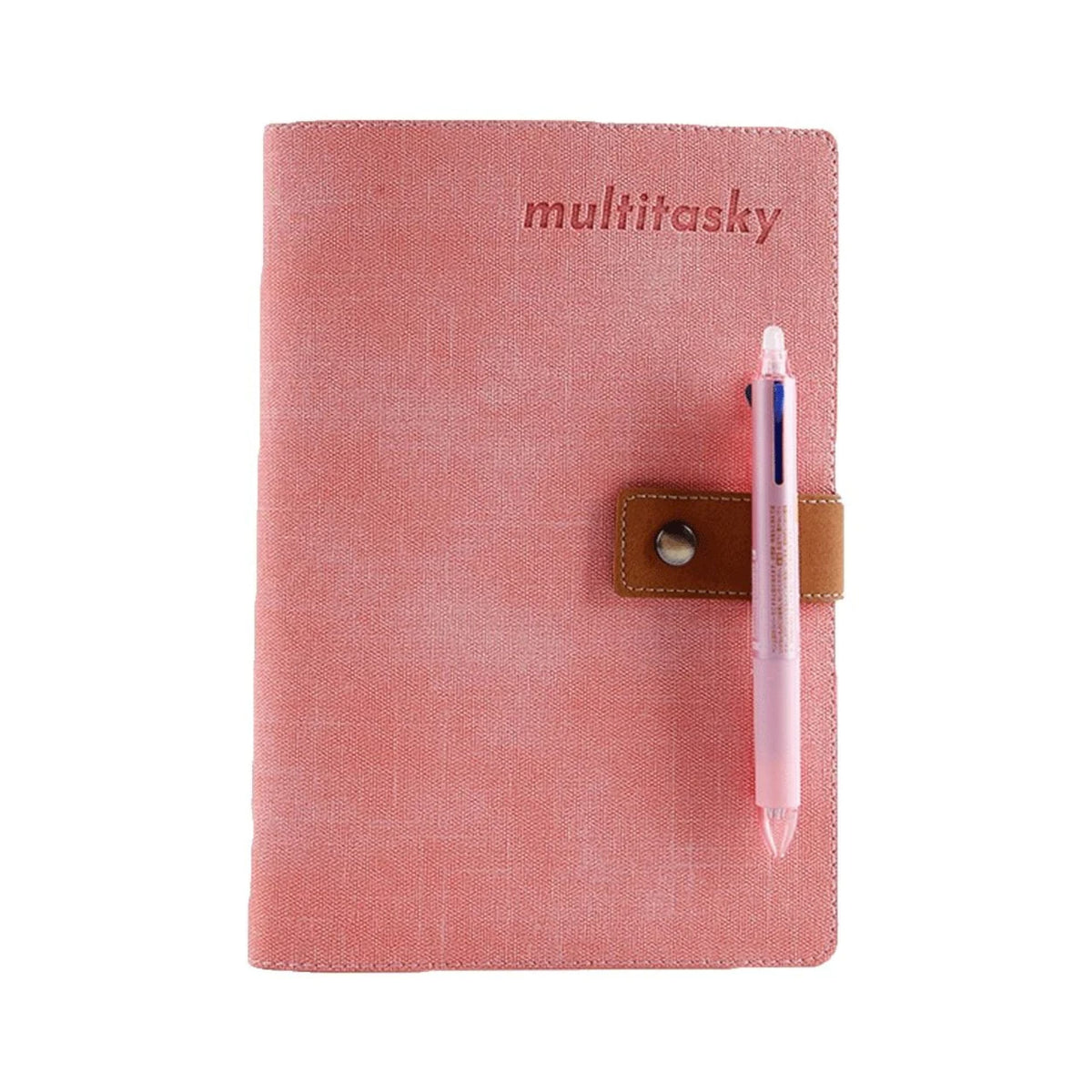 B5 everything notebook, blush pink fabric cover with brown pen holder and pen