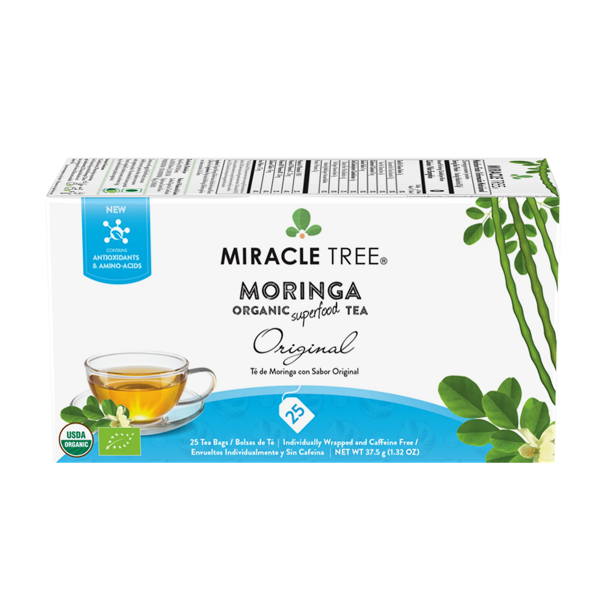 Miracle Tree Moringa original organic caffeine-free herbal tea box with cup graphic