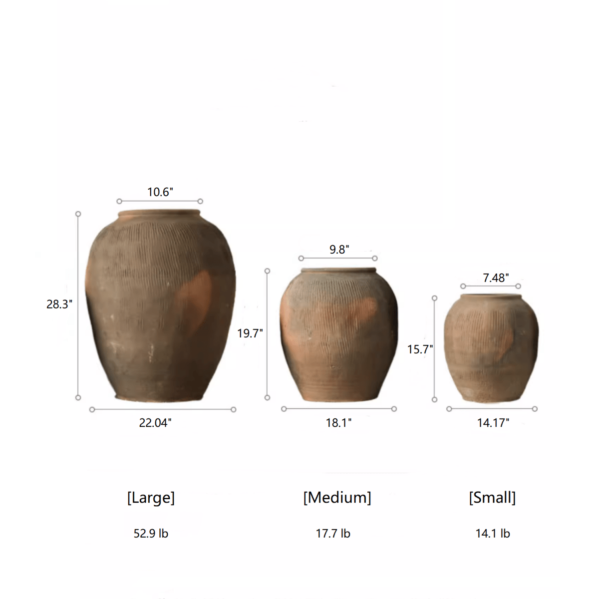 Large-to-small brown earthenware pot size set: vertical ribbed round shapes