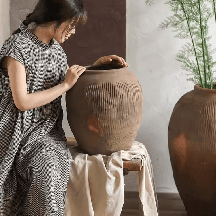Brown ribbed round earthenware pot with wide mouth opening