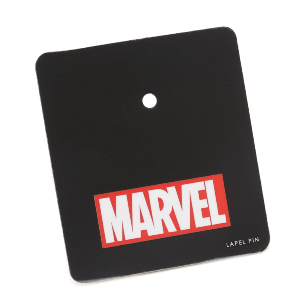 Marvel lapel pin product card with bold red MARVEL logo