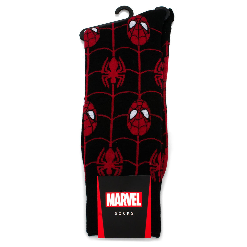 Black Spider-themed sock with red web and character pattern, Marvel socks card