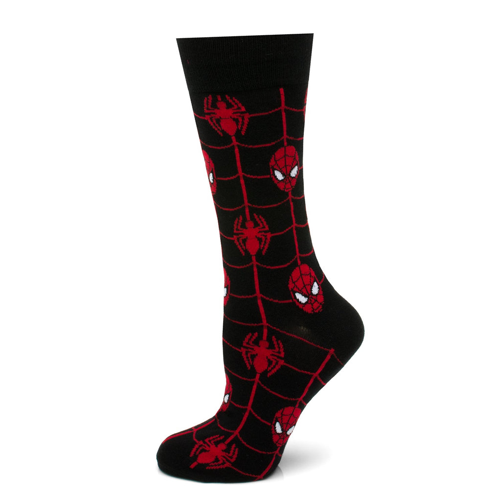 Single black Spider-themed sock with red web and Spider-Man character pattern