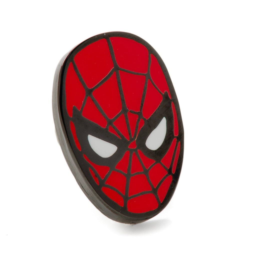 Oval Spider-themed lapel pin with red mask design on black background