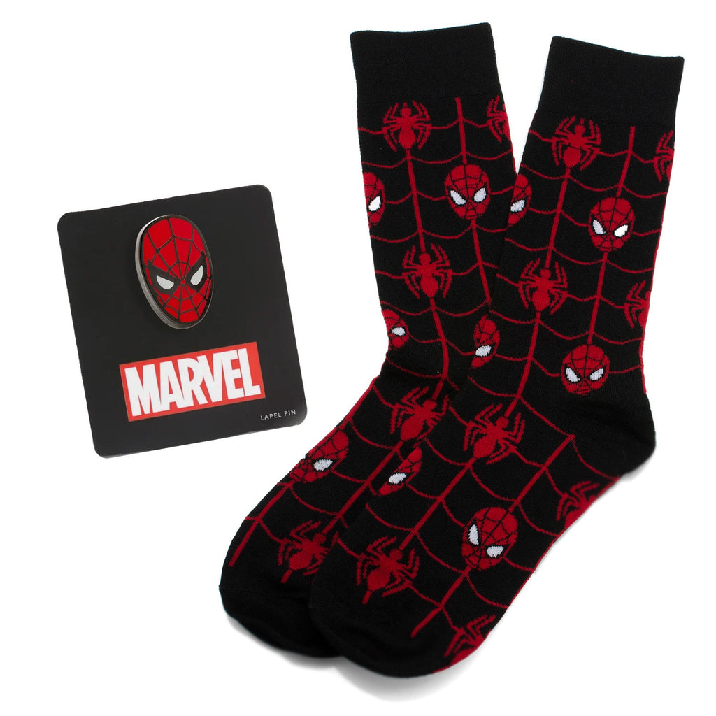 Black Spider-themed socks with red web pattern and Spider-Man character faces
