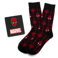 Black Spider-themed socks with red web pattern and Spider-Man character faces