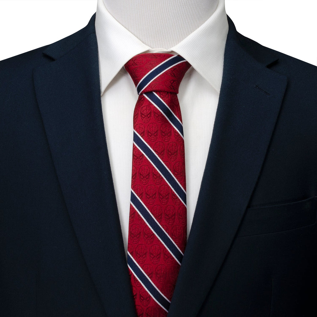 Men's Spider-Man tie worn with navy blazer and white dress shirt, red striped