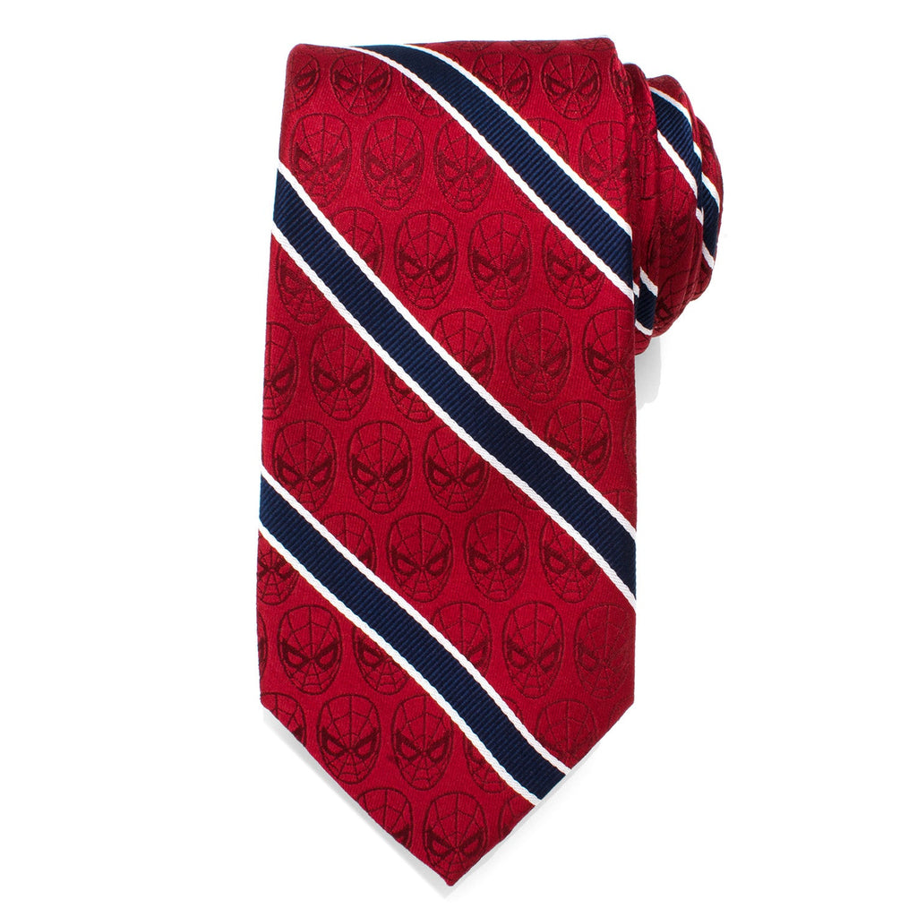 Red Spider-Man tie with navy-and-white diagonal stripes