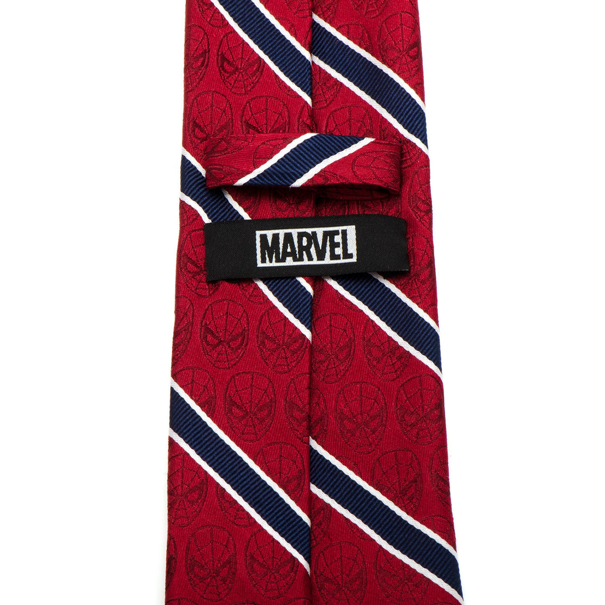 Red Spider-Man tie with 'MARVEL' label and diagonal navy-and-white stripes