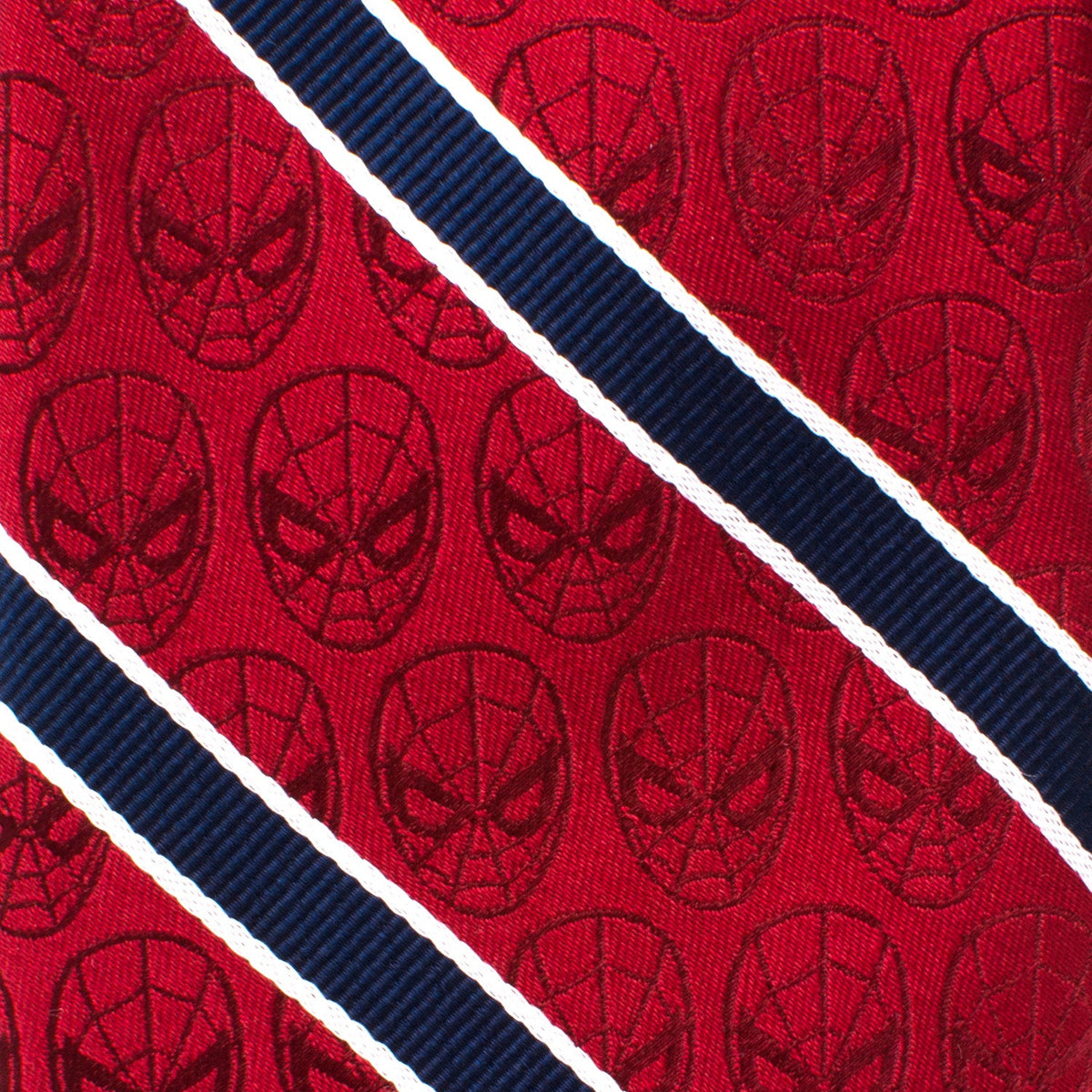 Close-up of red Spider-Man tie with embossed face pattern and navy-white stripes