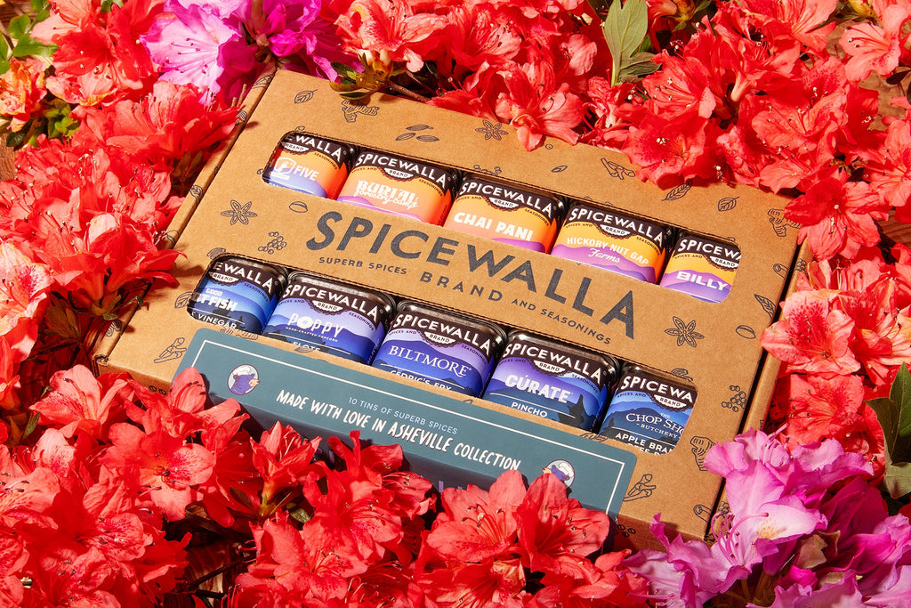 Spicewalla 10-pack spice gift box showing colorful labeled seasoning canisters