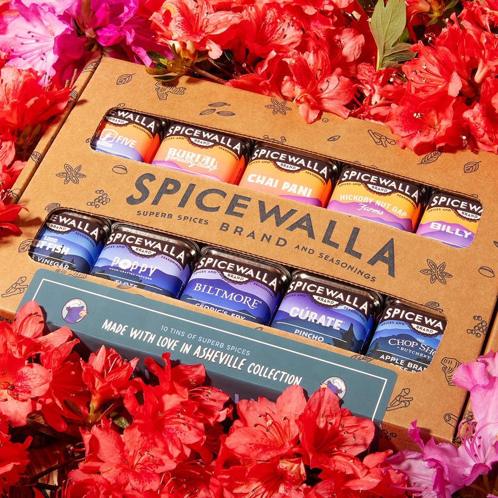 Spicewalla 10-pack spice gift box with colorful labeled seasoning canisters