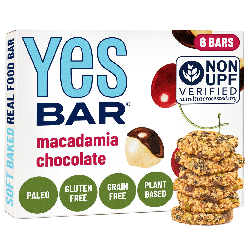 Macadamia chocolate snack bar six-pack box with granola-style bars and brand labeling