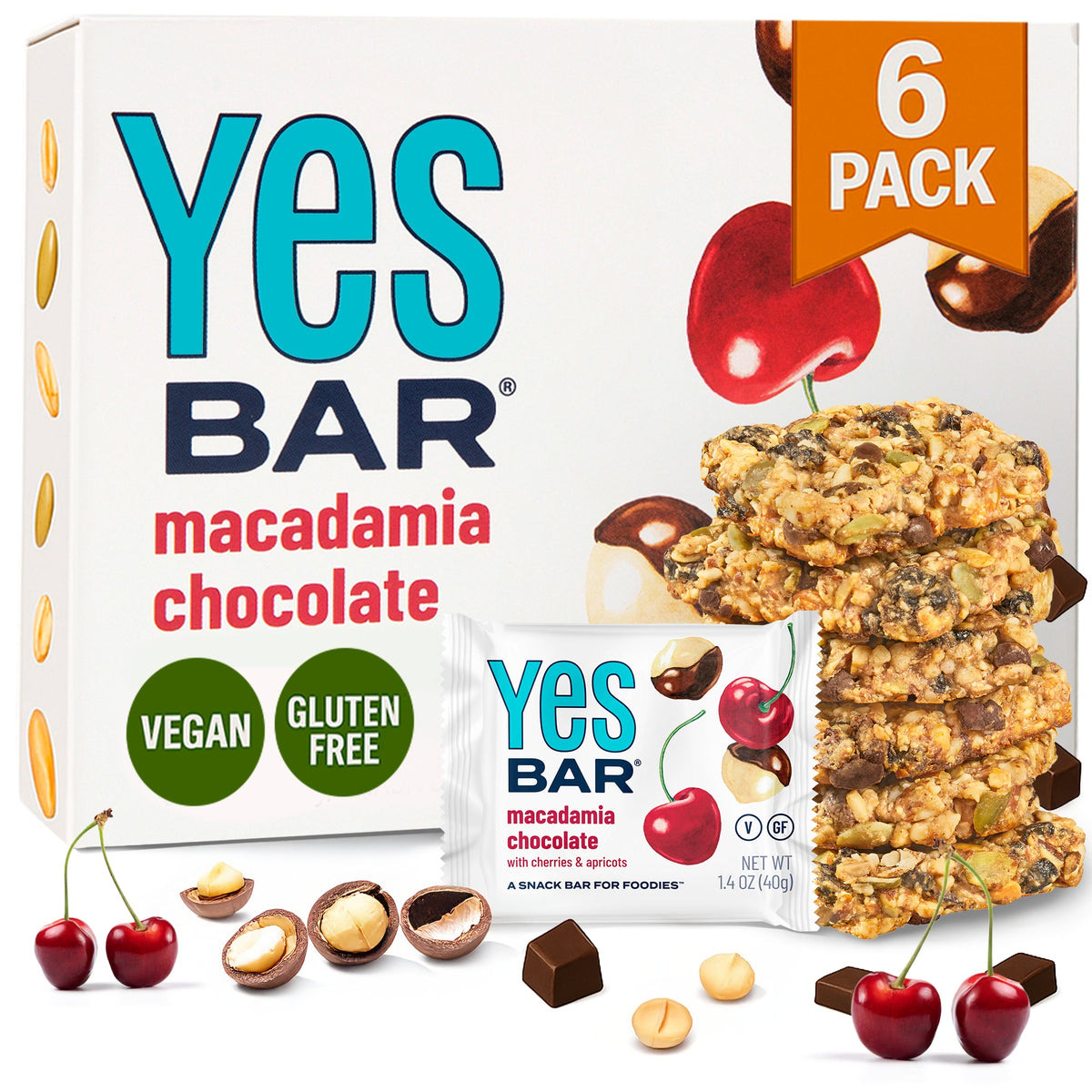 Macadamia chocolate six-pack package with stacked snack bars and nut-chocolate branding