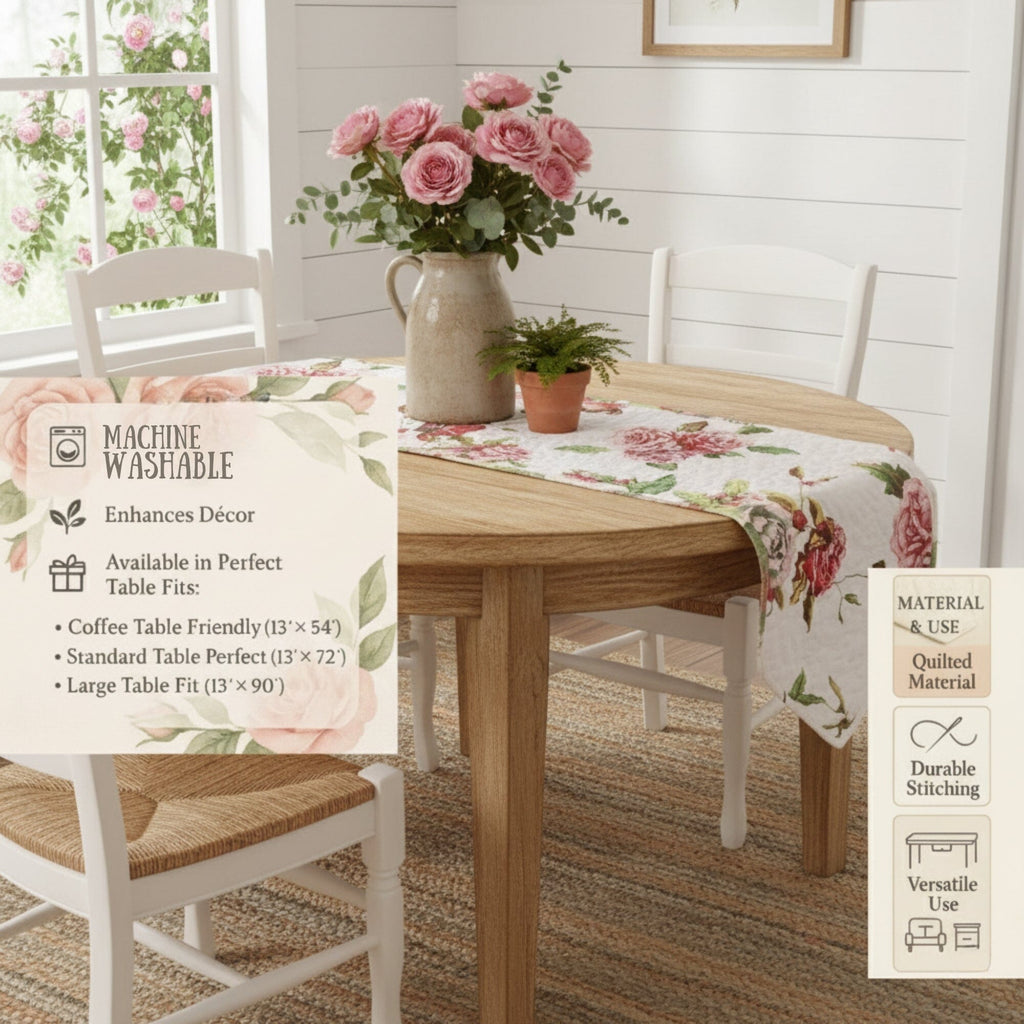 Quilted table runner with white base and pink rose bouquet pattern.