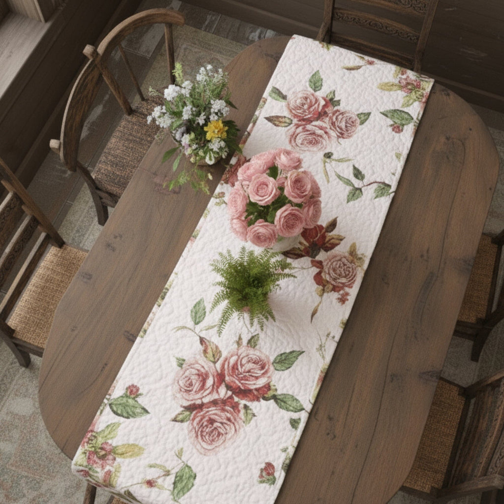 Long quilted table runner in white with pink rose clusters and green foliage.
