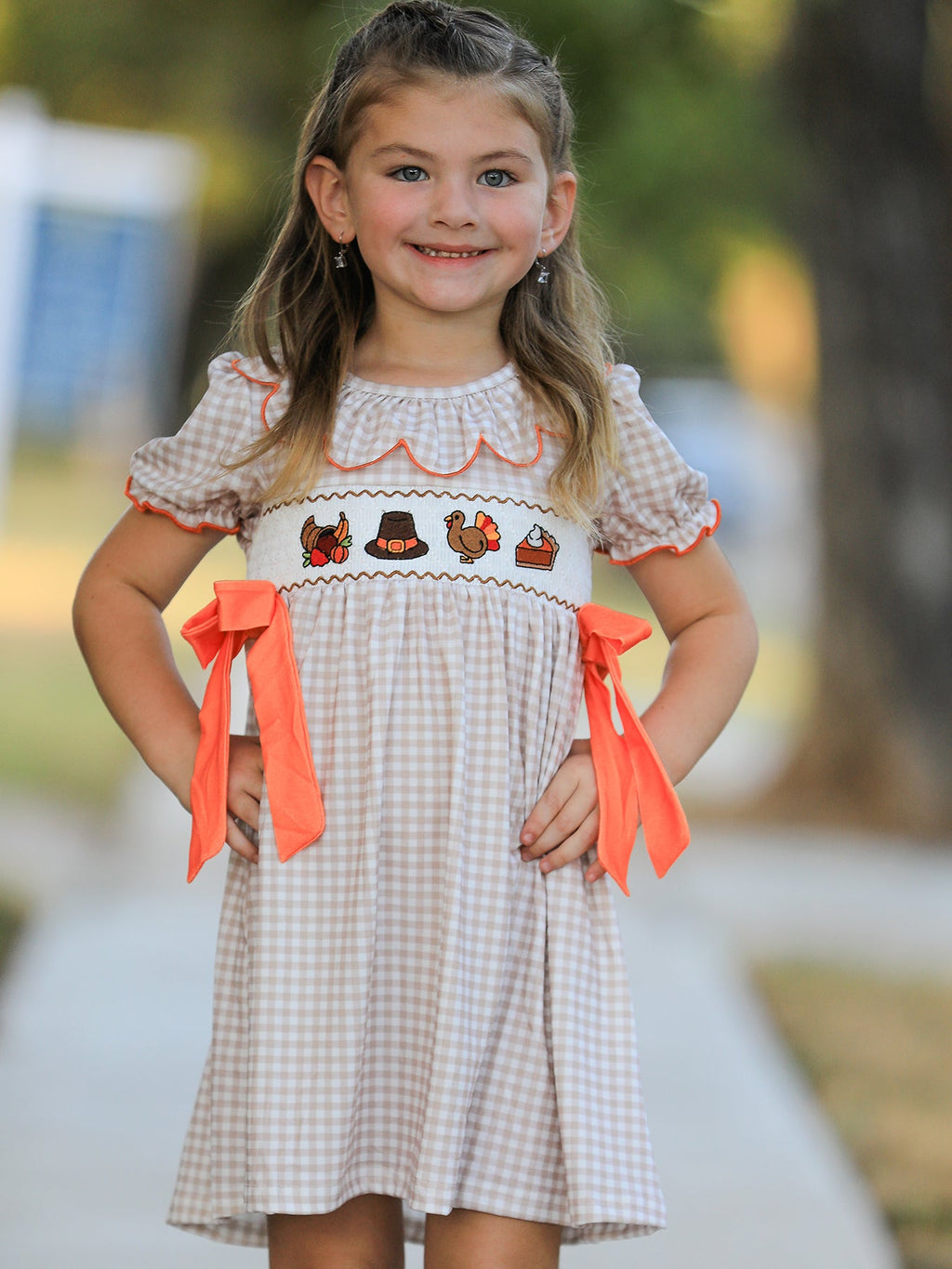 Girls gingham dress with orange ribbon bows and Thanksgiving animal embroidery