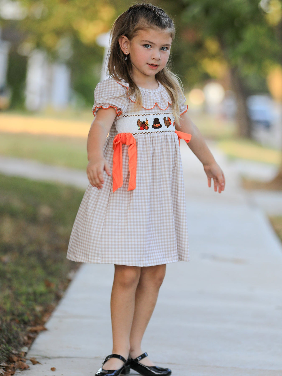 Girls gingham Thanksgiving dress, scalloped collar and orange bow ties