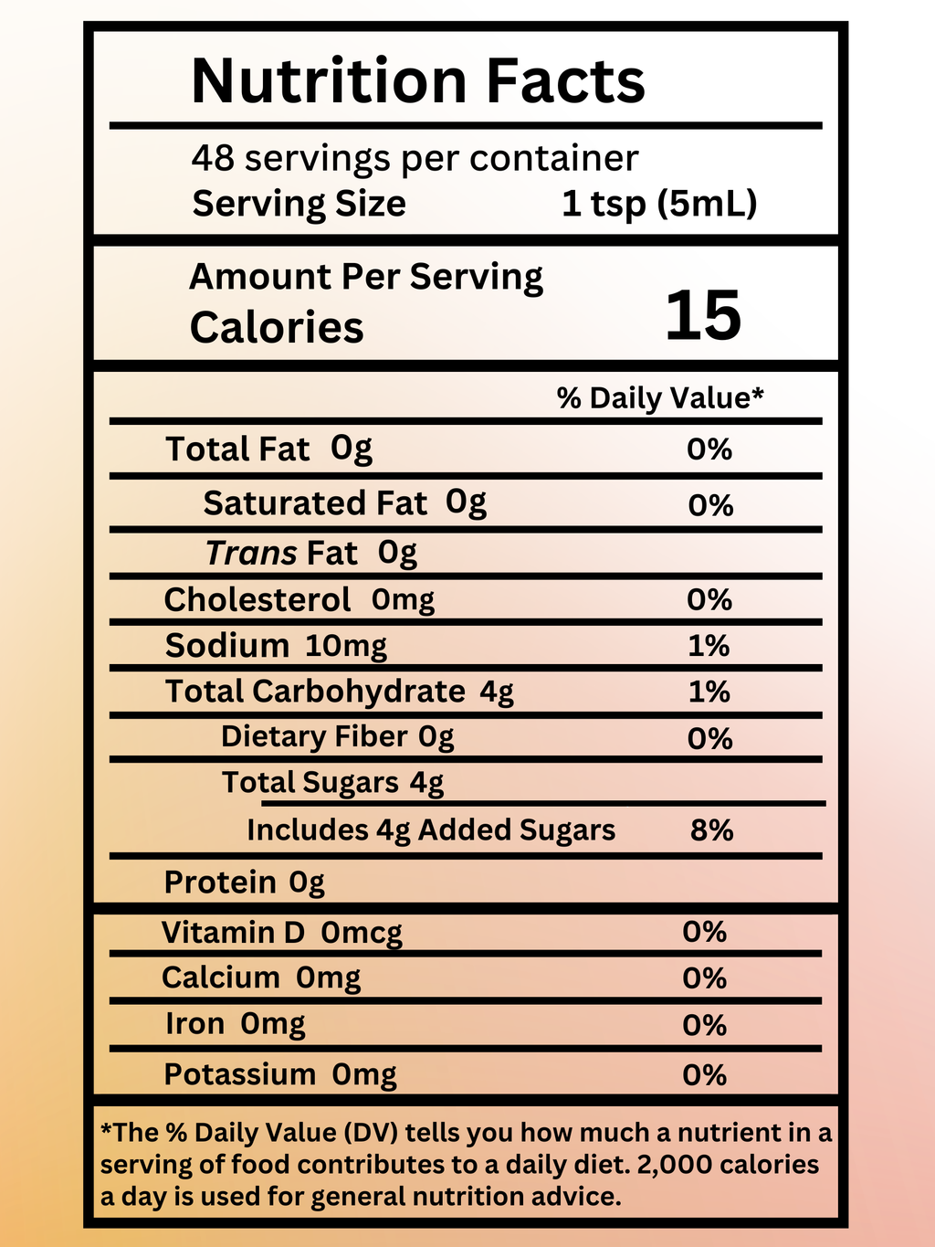 Nutrition Facts panel: vanilla bean coffee syrup, 15 calories per 1 tsp (5 mL).