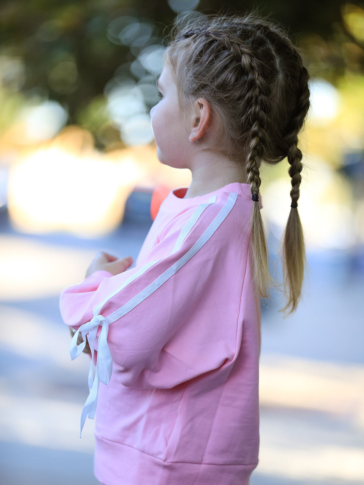 Girls pink sweatshirt set, back bow ribbon at shoulders and stripe trim