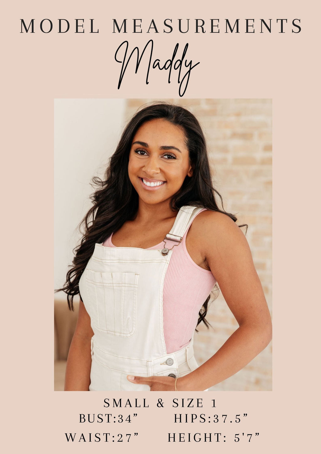 Model measurements card for Maddy: Bust 34 in, Waist 27 in, Height 5'7
