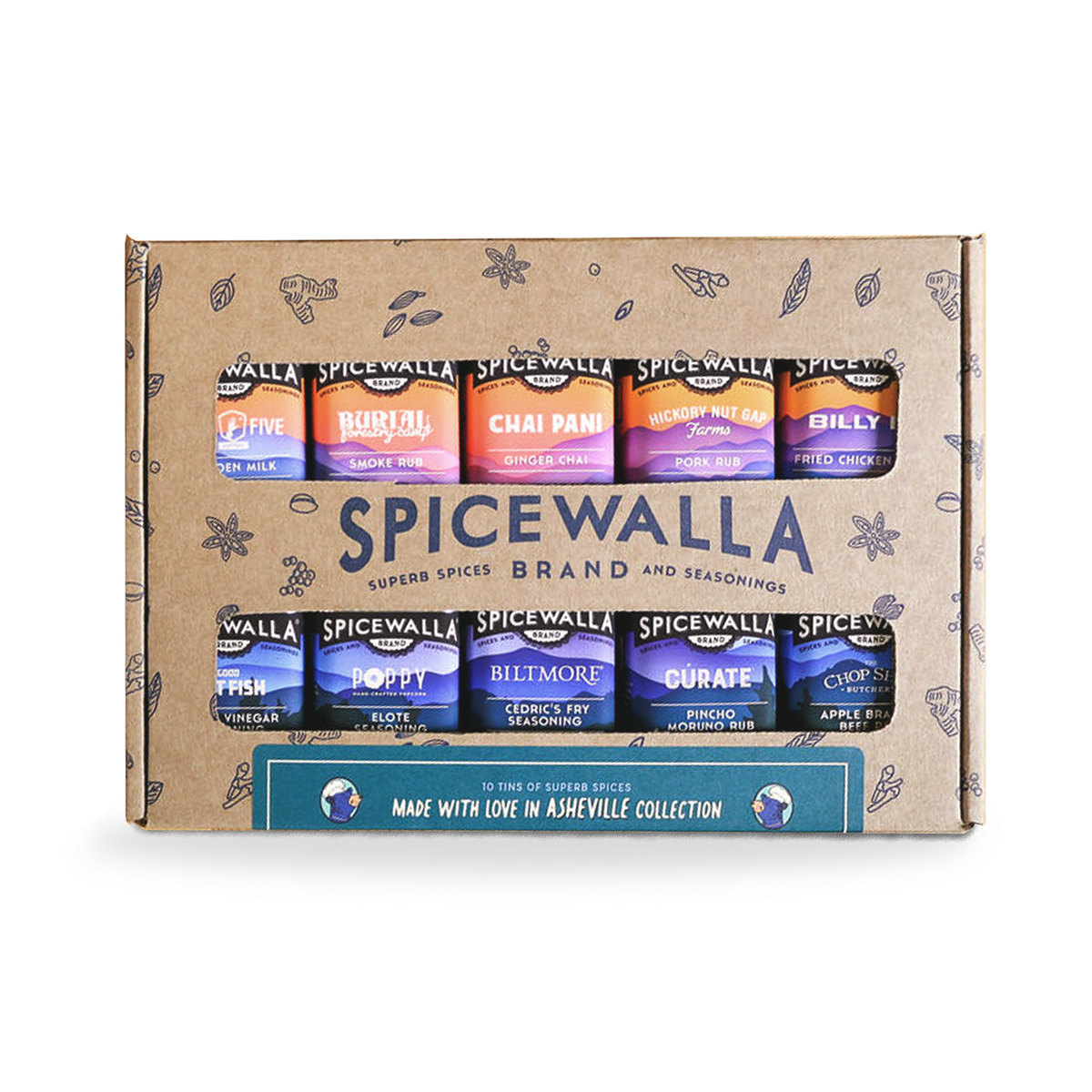 Spicewalla 10-pack spice gift box in kraft with printed brand and seasoning list