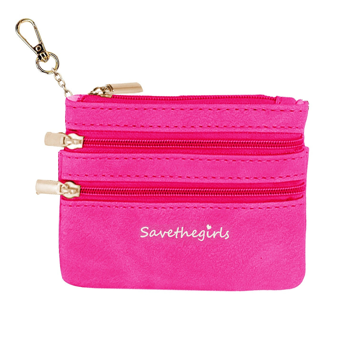 Pink zippered pouch with three zipper compartments and metal keychain ring