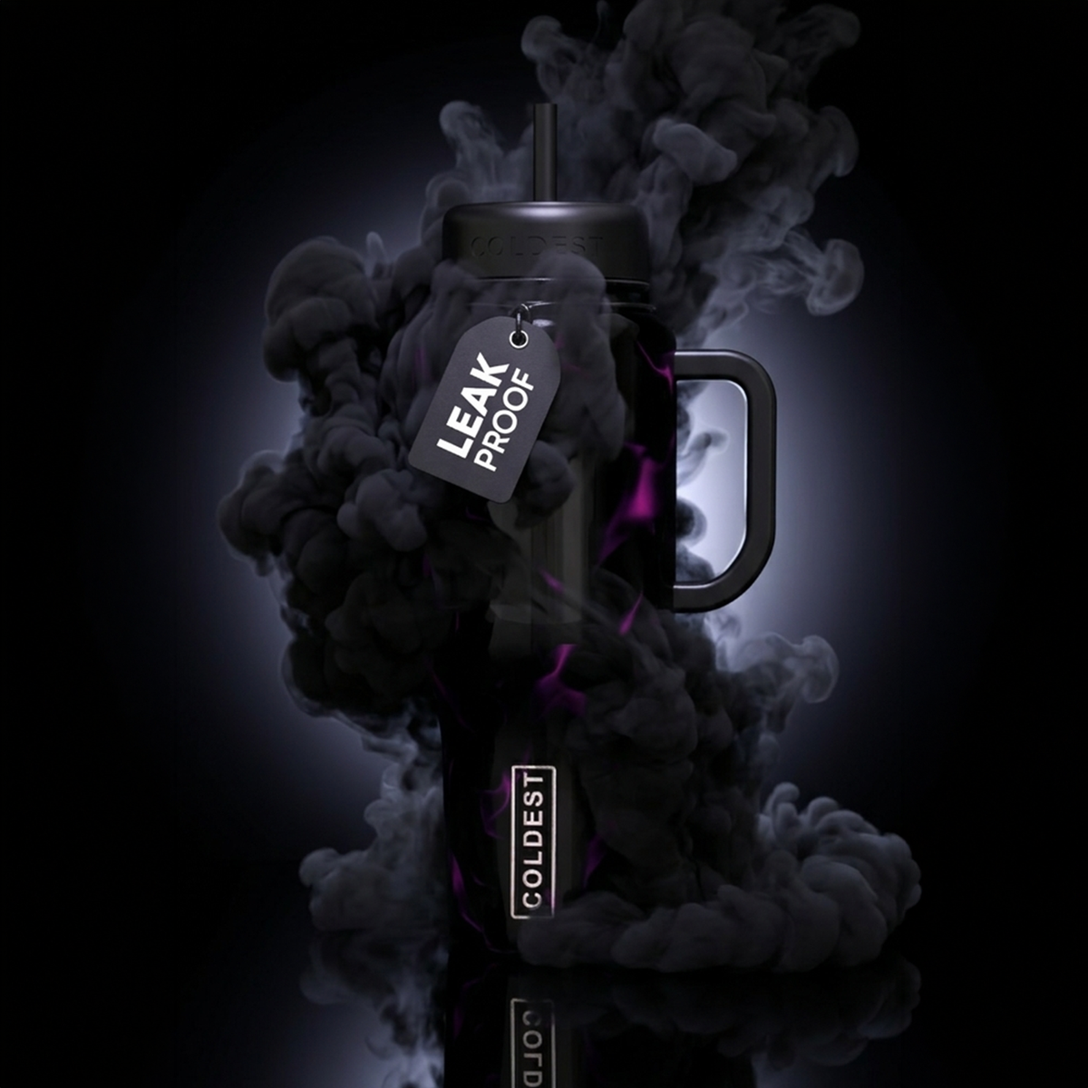 24oz COLDEST tumbler bottle, dark finish, purple straw lid and side handle