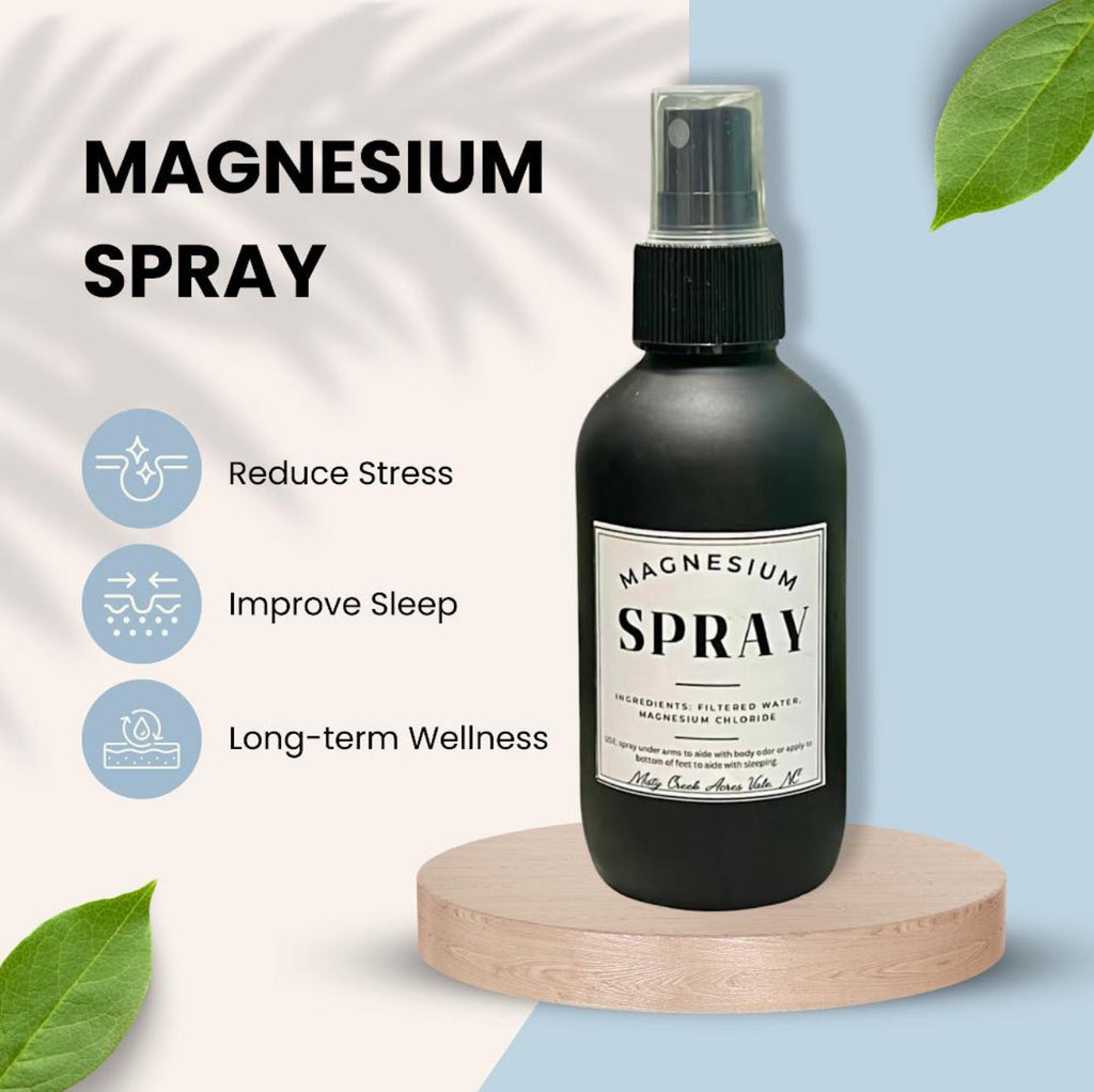 Magnesium spray bottle with mist pump and black label on wooden stand