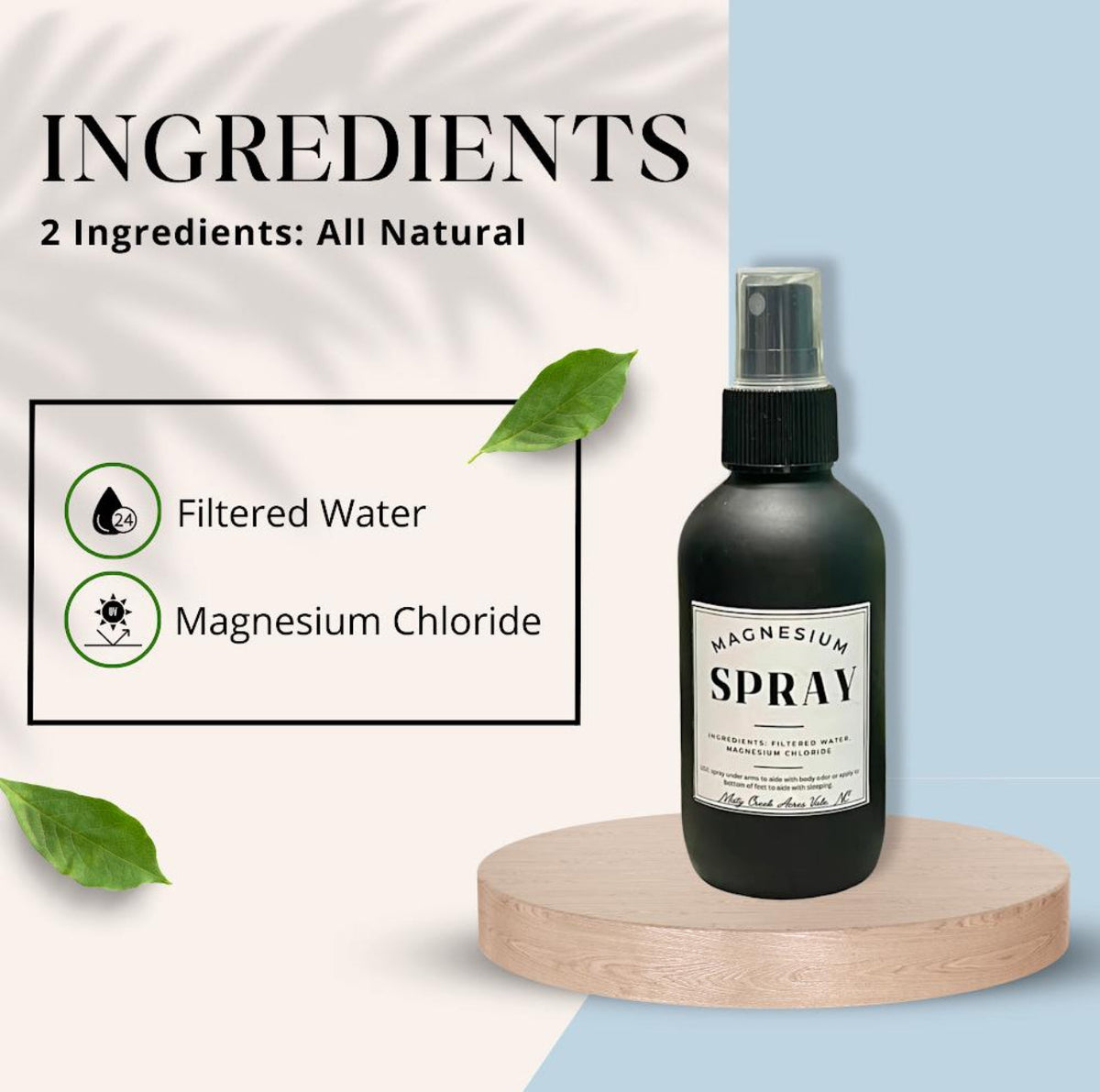 Magnesium spray bottle with mist pump on wooden stand beside ingredients panel