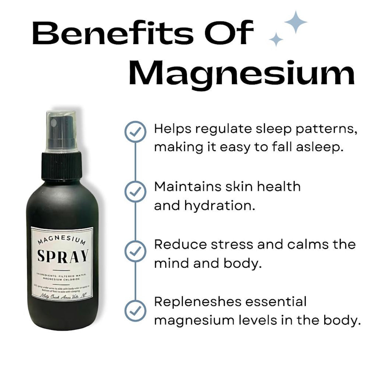 Magnesium spray bottle with clear mist pump shown beside a benefits graphic