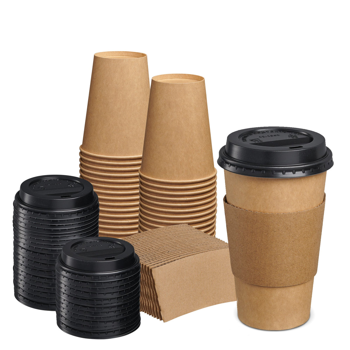 Kraft paper coffee cups with black lids and paper sleeves, disposable hot drink cups
