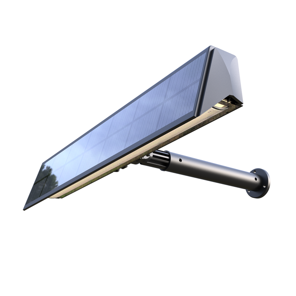 Solar sign flood light with black extension arm and slanted panel design