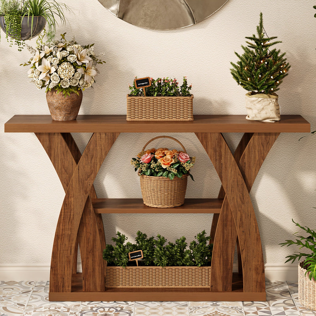 Rustic wood console table with open shelf and X-style legs