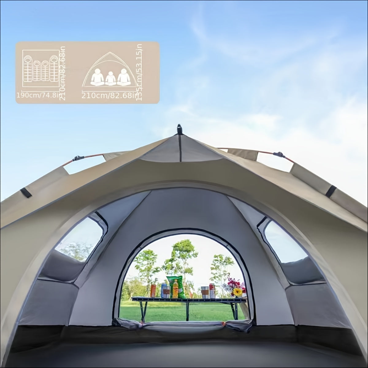 Camping tent with arched mesh windows and door opening, beige top and gray side panels