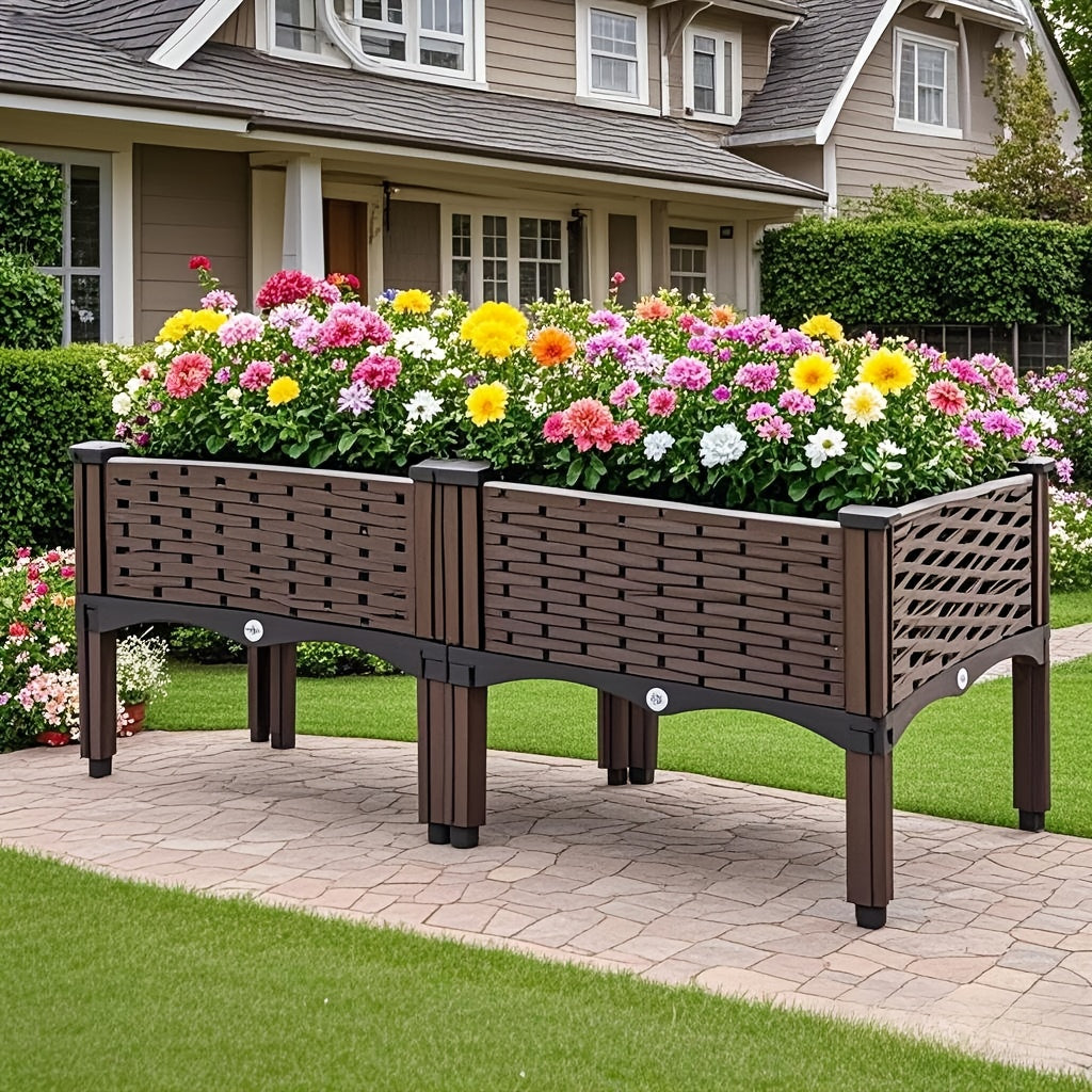 Outdoor raised garden planter box with dark woven panels and four sturdy legs