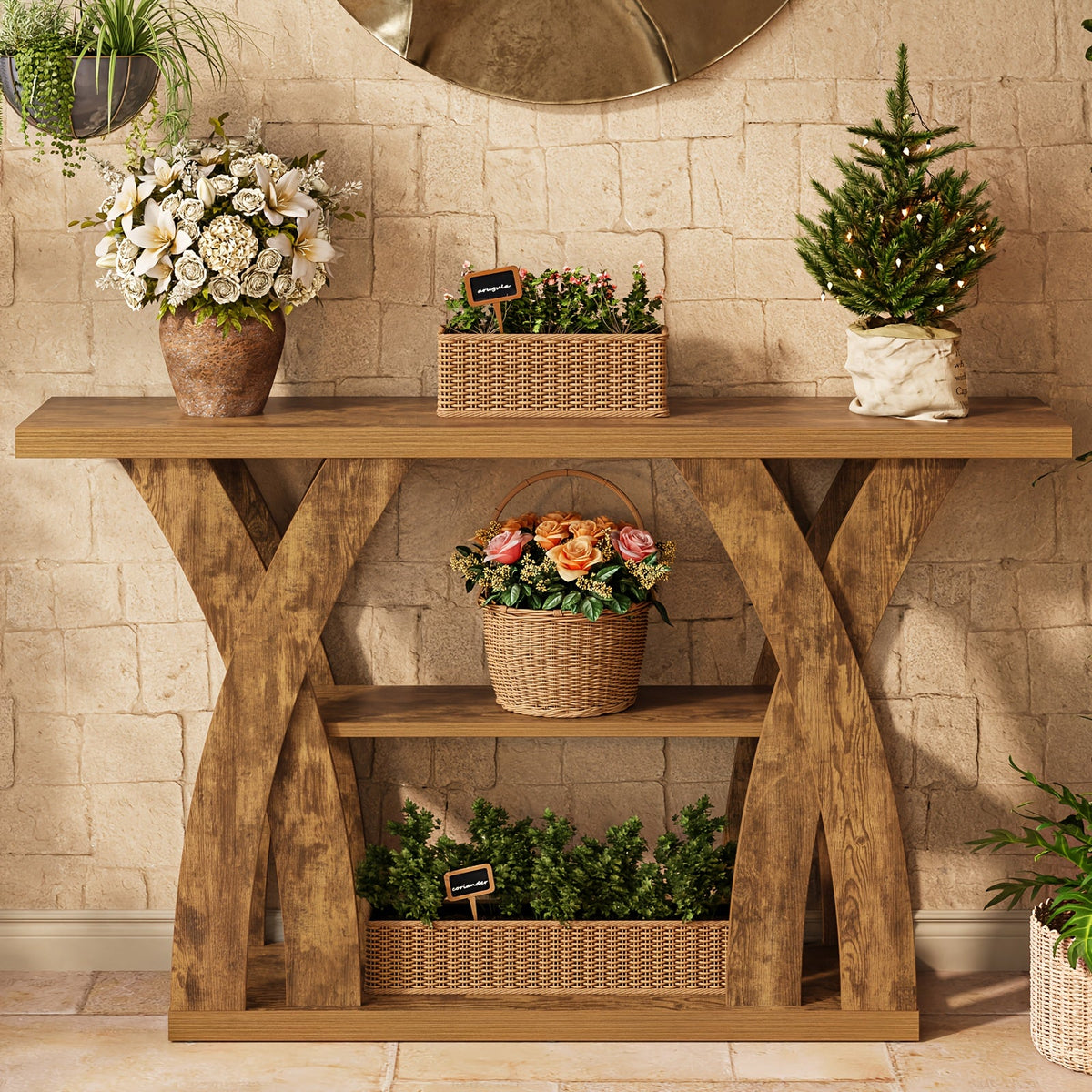 Rustic wood console table with two open shelves and X-style legs