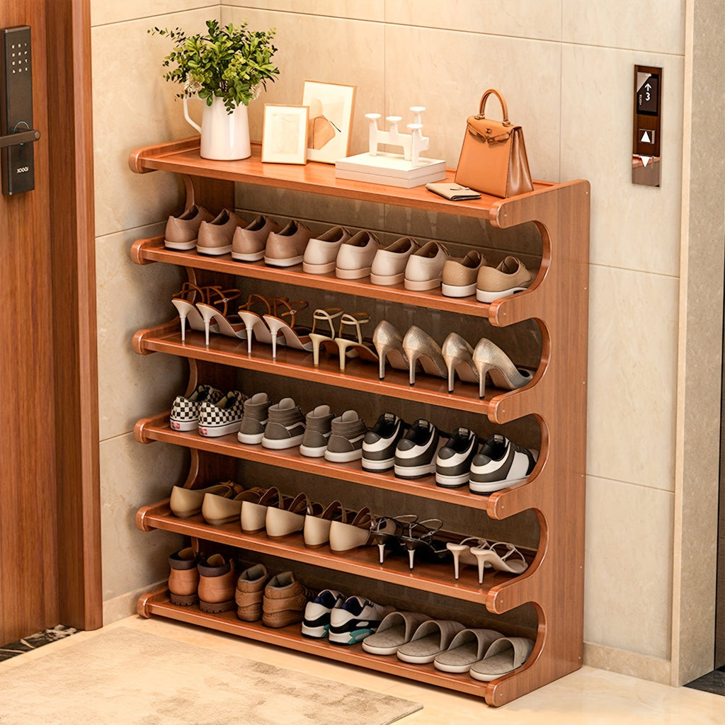 Bamboo 6-tier shoe rack organizer with curved open shelves for multiple pairs