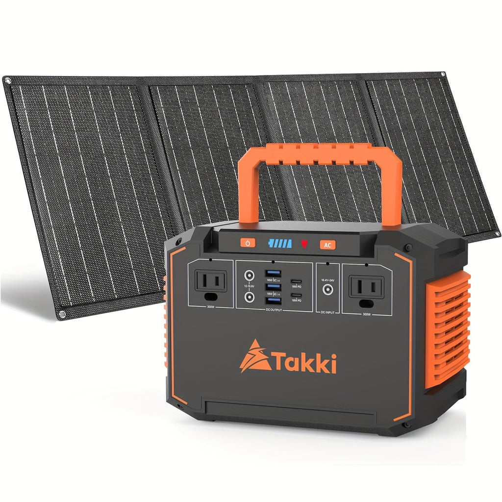 Portable power station with foldable solar panel, orange handle, front outlets and control panel