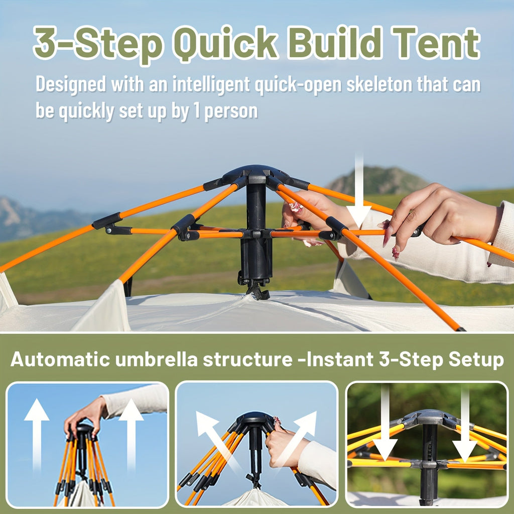 Camping tent with orange quick-setup frame and open arch structure, showing assembly steps