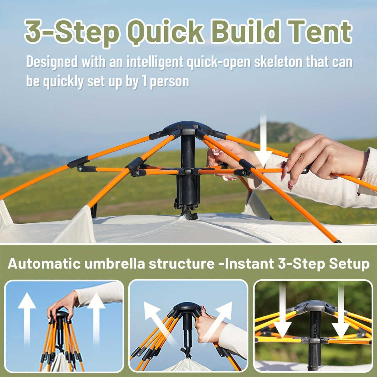 Camping tent with orange quick-setup frame and open arch structure, showing assembly steps