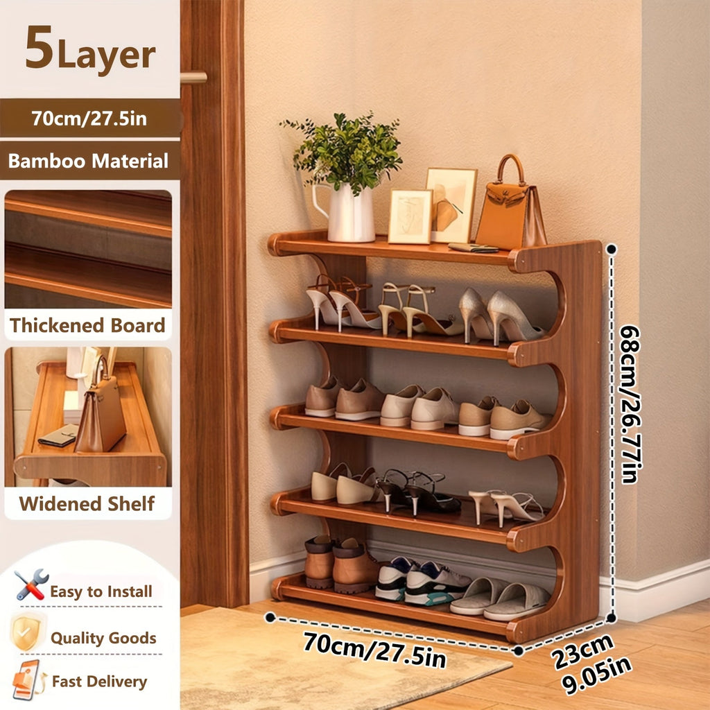 Bamboo 5-tier shoe rack organizer with arched shelf cutouts