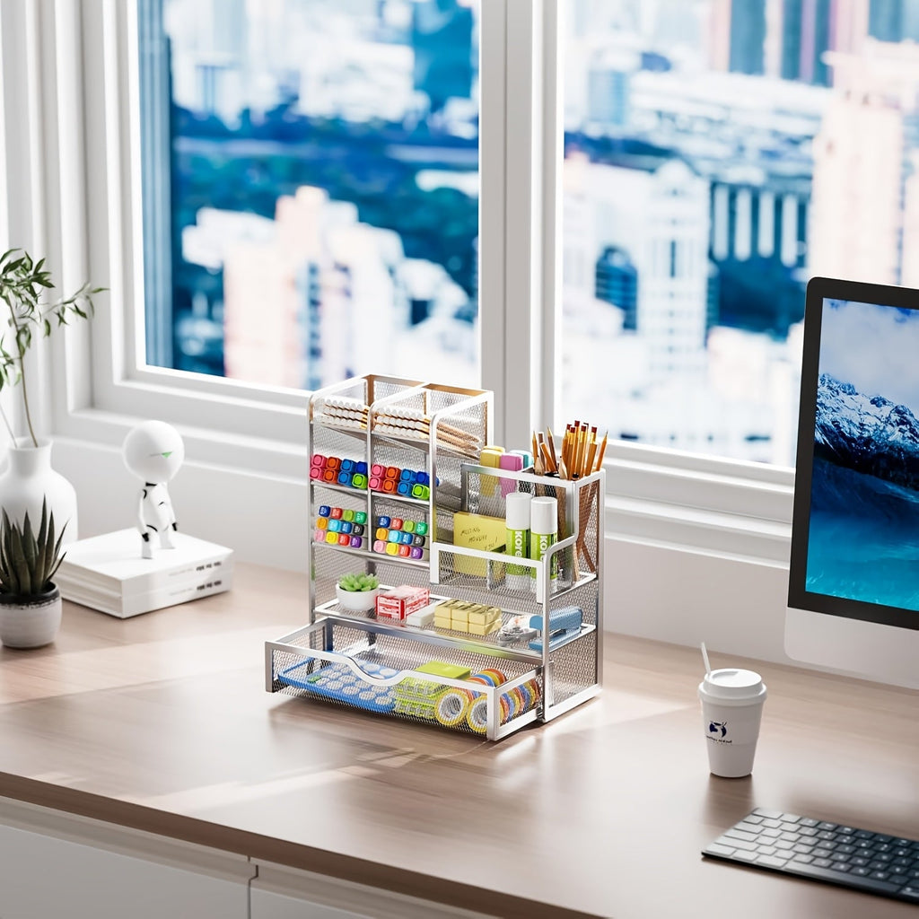 Multi-layer metal mesh desk organizer with pencil cups and open trays, silver finish