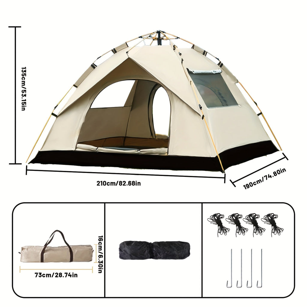 3-4 person instant pop-up camping tent with beige fabric panels and dark base, full front view