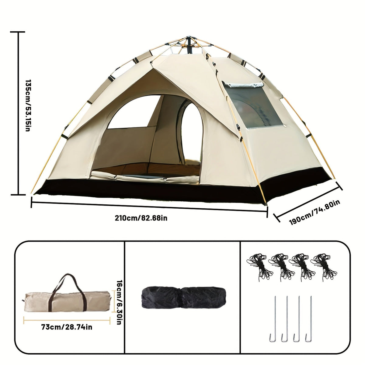 3-4 person instant pop-up camping tent with beige fabric panels and dark base, full front view
