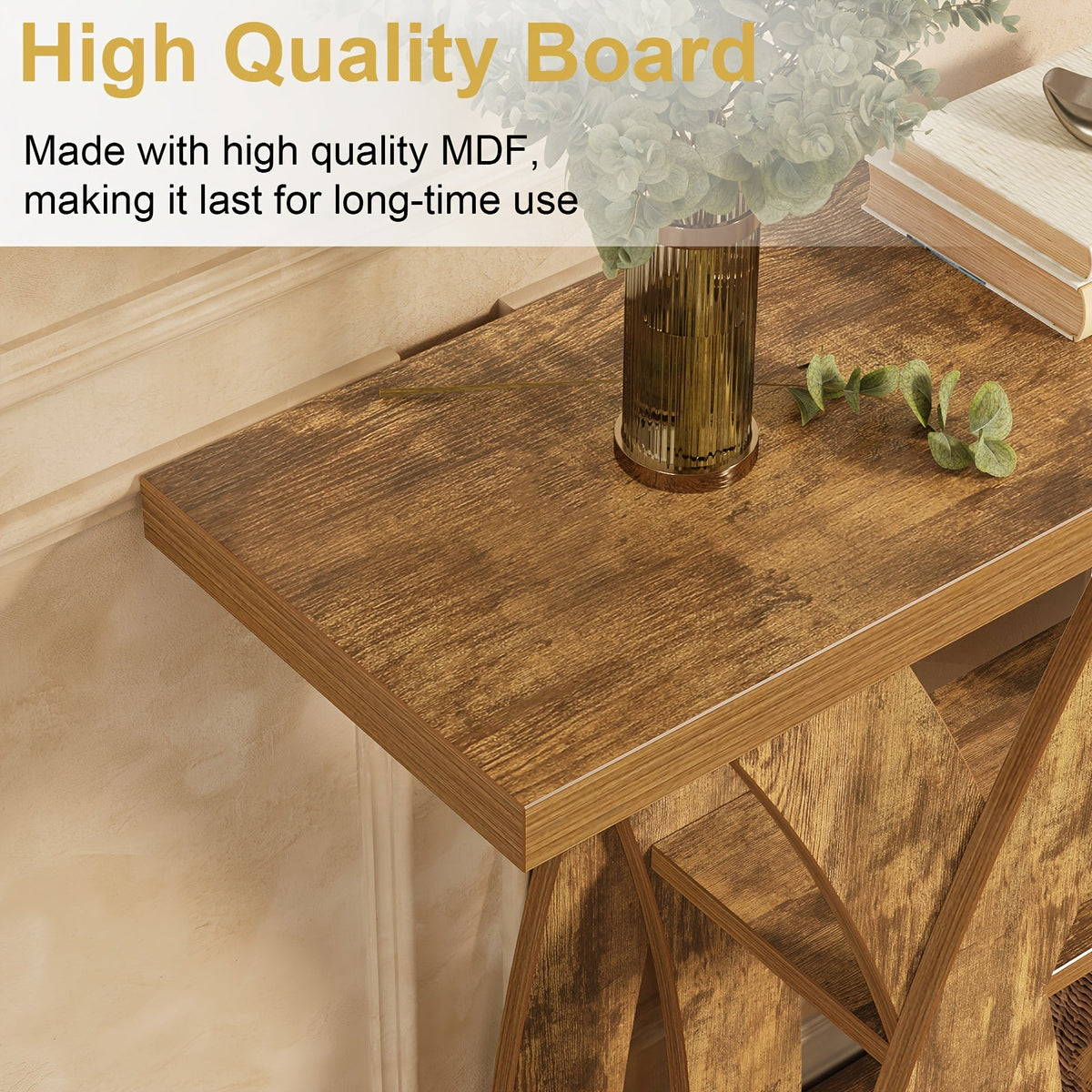 Rustic wood console table top with visible grain and X-frame legs