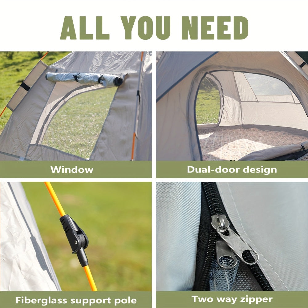 Camping tent detail panel showing window, dual-door area, fiberglass support pole, zipper track