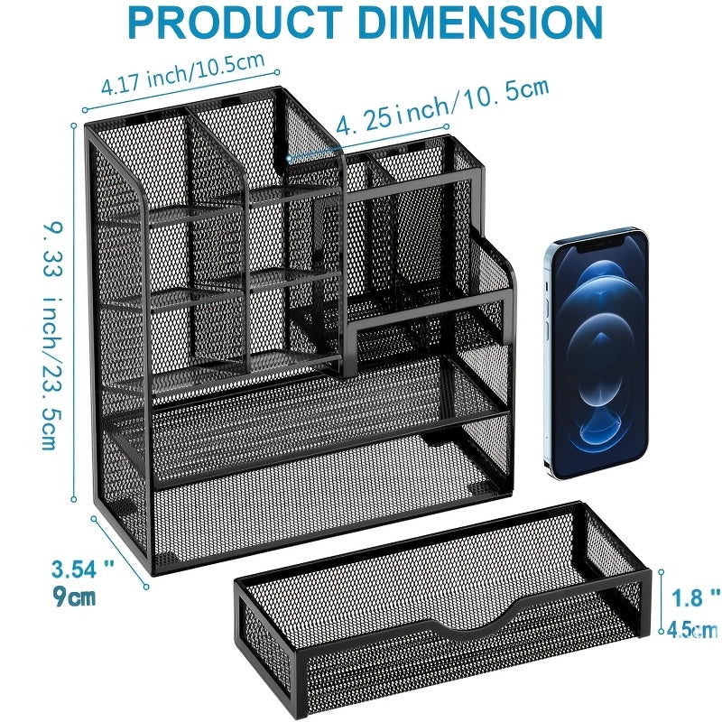 Black iron mesh desktop organizer with side step shelves and bottom drawer, shown with dimensions