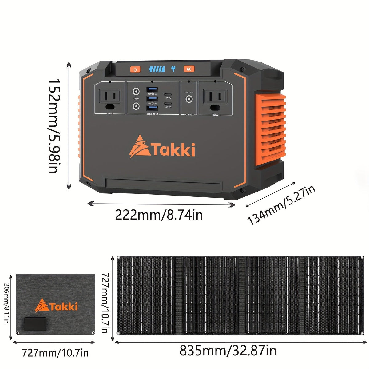 Portable power station with foldable solar panel and size diagram on screen